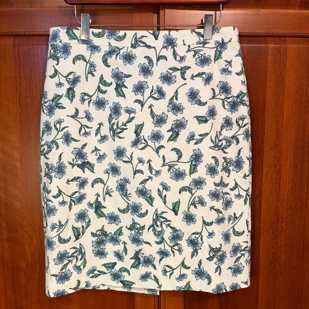 J.Crew Ivory Blue Floral Knee Length Pencil Skirt Womens 10 NWT